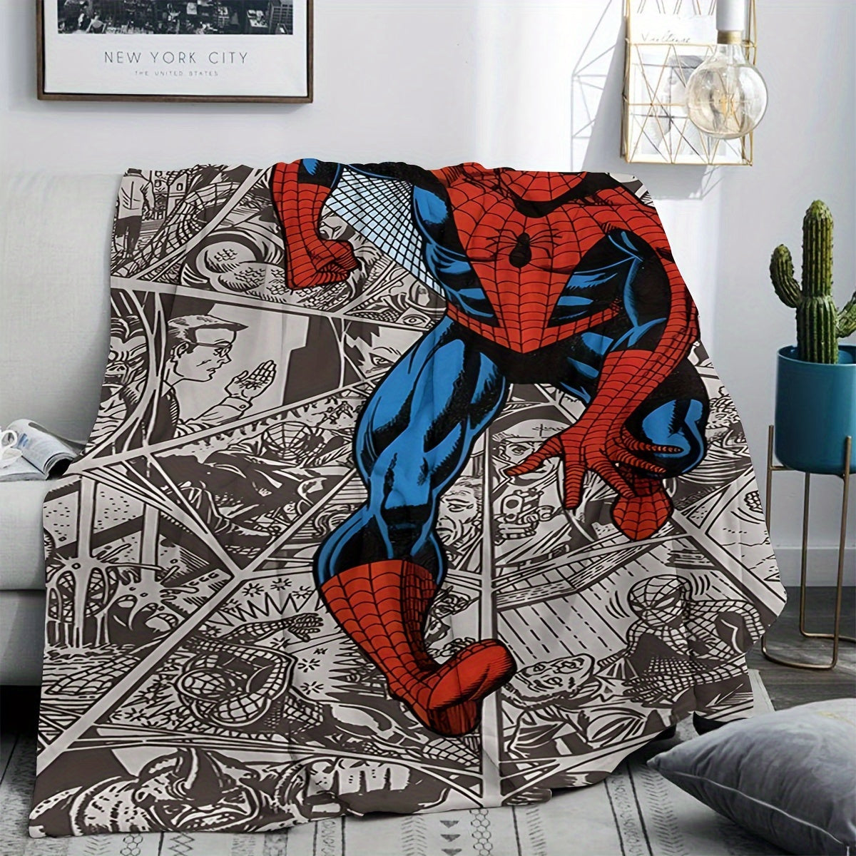 Multifunctional Plush Blanket with Spider-Man City Chase Comic Pattern for Kids and Adults