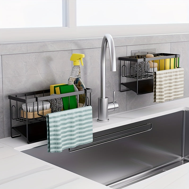 Organizador de fregadero de cocina con soporte para toallas, soporte para esponjas de metal, soporte para jabón y drenaje automático