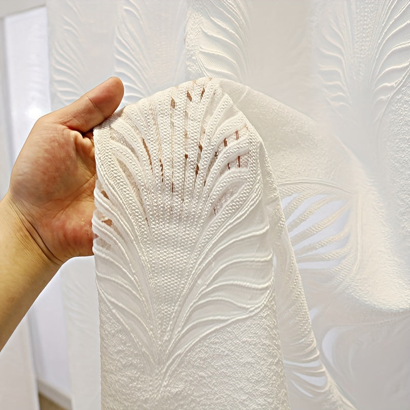 White Sheer Curtain with Feather Leaf Jacquard Grommet Top for Living Room Bedroom