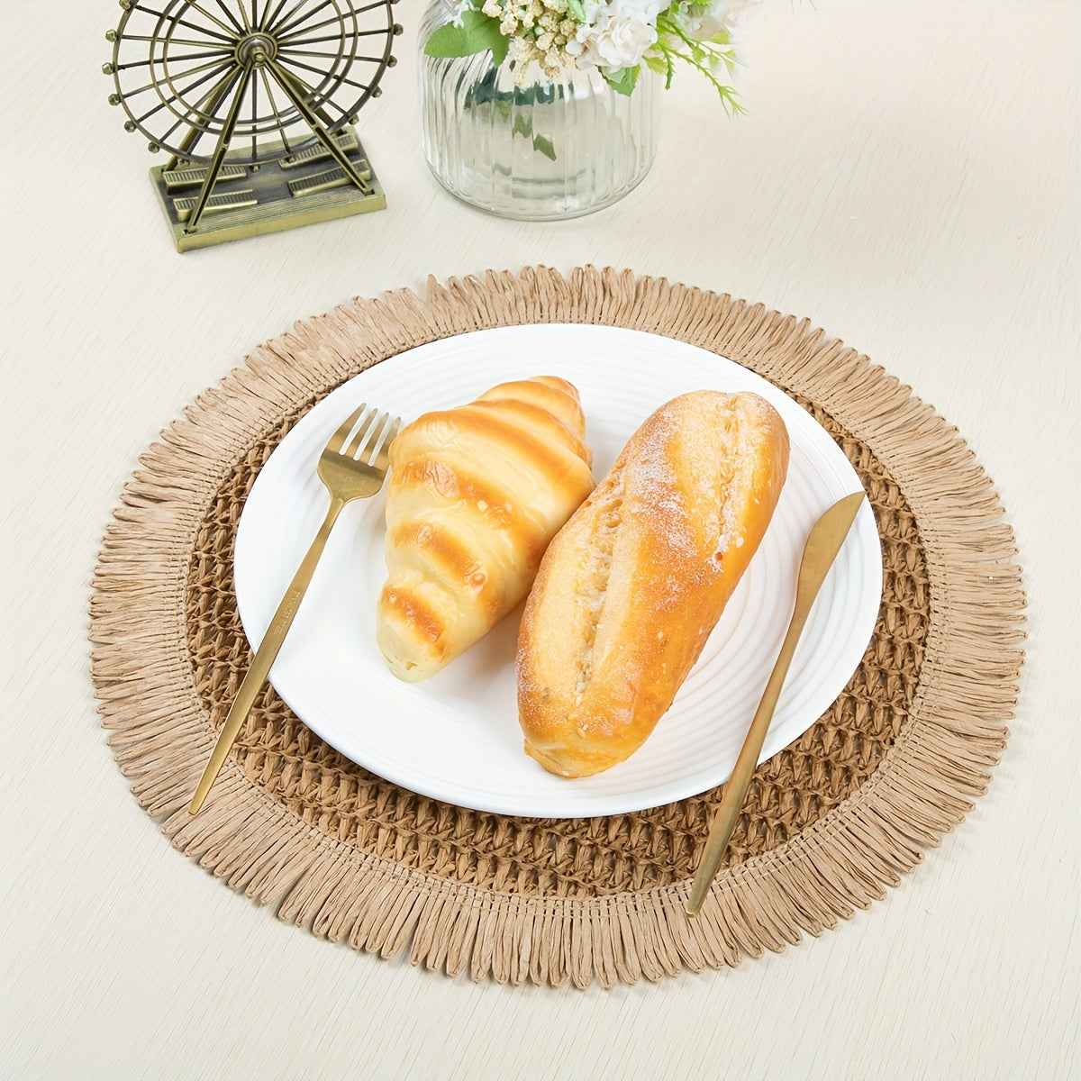Individual de yute redondo con flecos, tapete rústico de granja para mesa, para comer en interiores y exteriores