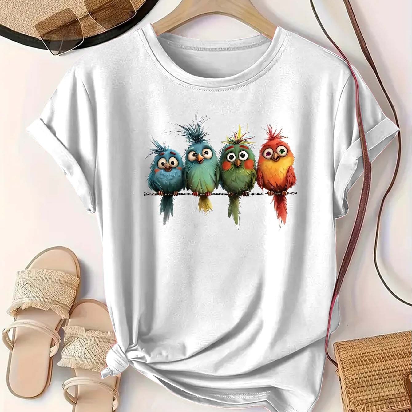 Plus Size Women's Casual Short Sleeve T-Shirt Vibrant Red Cartoon Birds Print