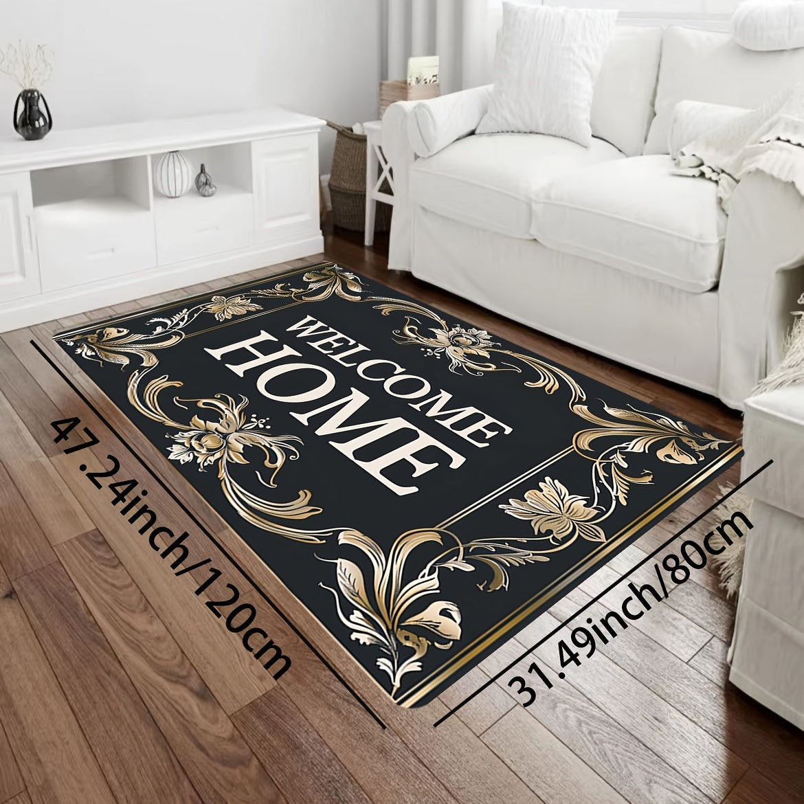 Super Soft Thick Square Carpet Rug with Golden Floral Lace Welcome Pattern Indoor Floor Mat