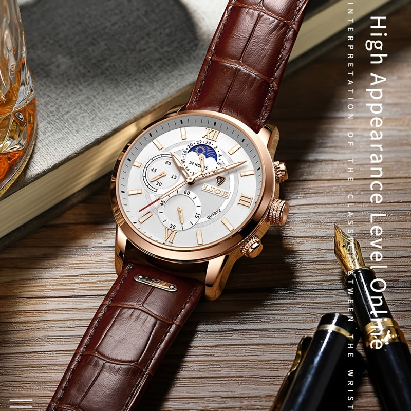 Men's Leather Casual Quartz Sport Watch Black 42mm