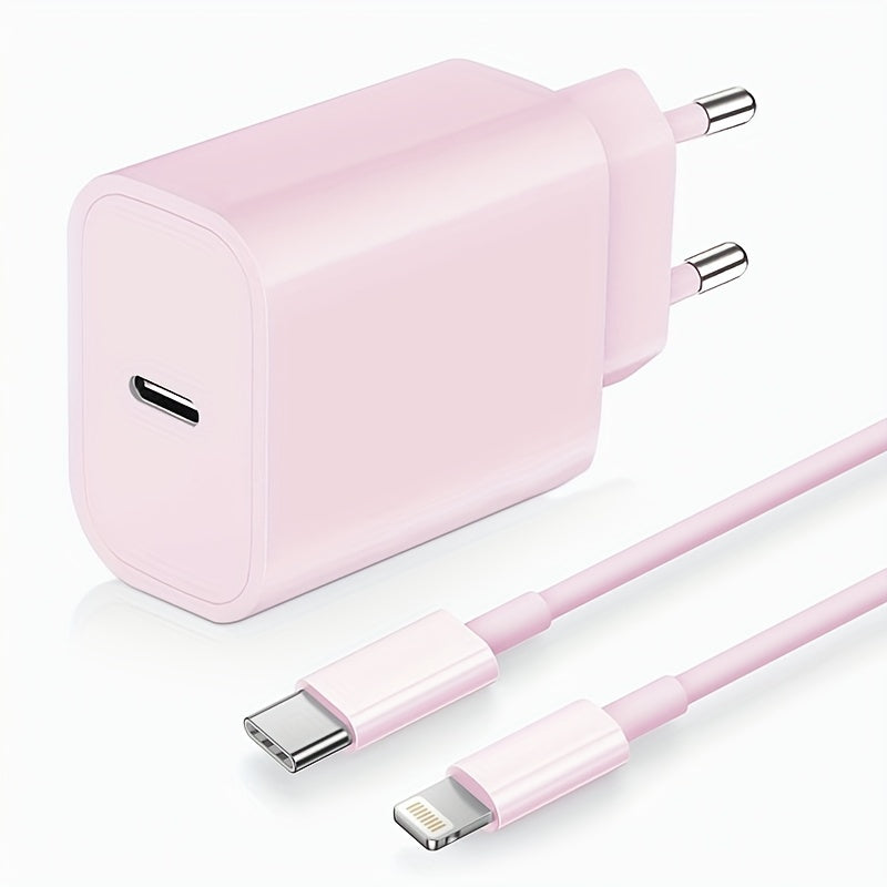10W USB-C zaryadlovchisi iPhone, iPad, Android va boshqa qurilmalar uchun, Evropa standartidagi ulagich va pushti rangda.