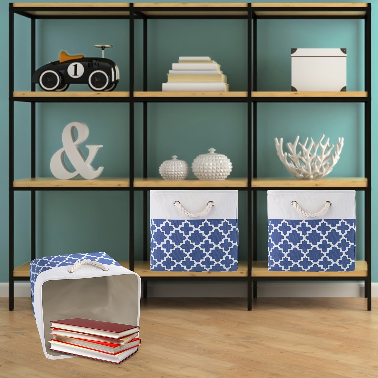 Juego de tres cestas de tela rectangulares grandes con asas para juguetes, ropa y organización del hogar