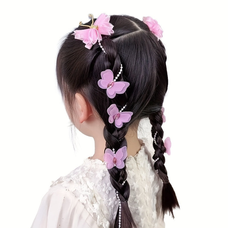 Yoshlar uchun yangi to'plam 2 qizning soch qisqichlari, kapalakga o'xshash marvaridlar, yoqimli to'r ip gullari, uzun marjonli tassel va o'ralgan soch zanjiri.