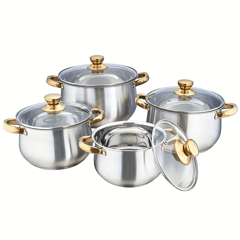 Soup Pot Set with Curved Bottom and Golden Handles for Cooking