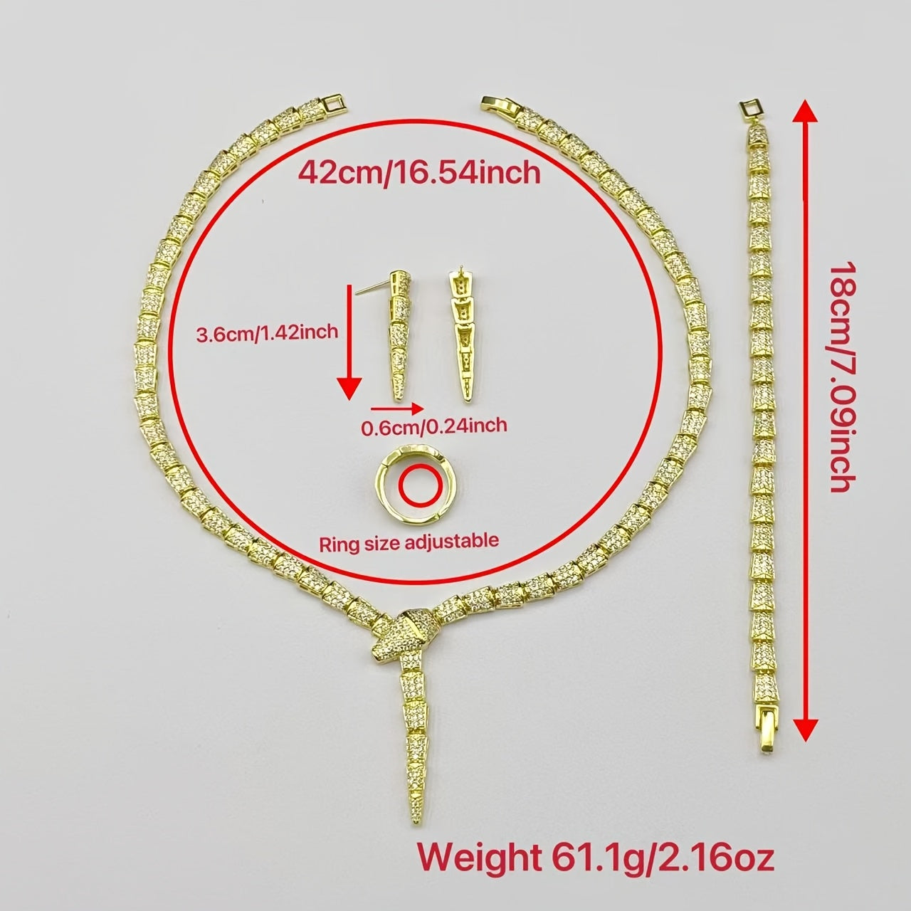 Gold Plated Copper Jewelry Set with Snake Design Necklace and Ring for Women