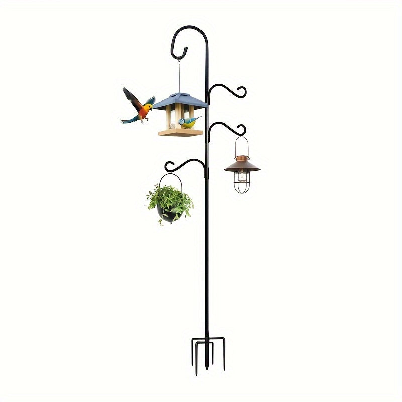 Rustic Iron Garden Hook with Three Hanging Arms and Five-Prong Base for Bird Feeders and Flower Baskets