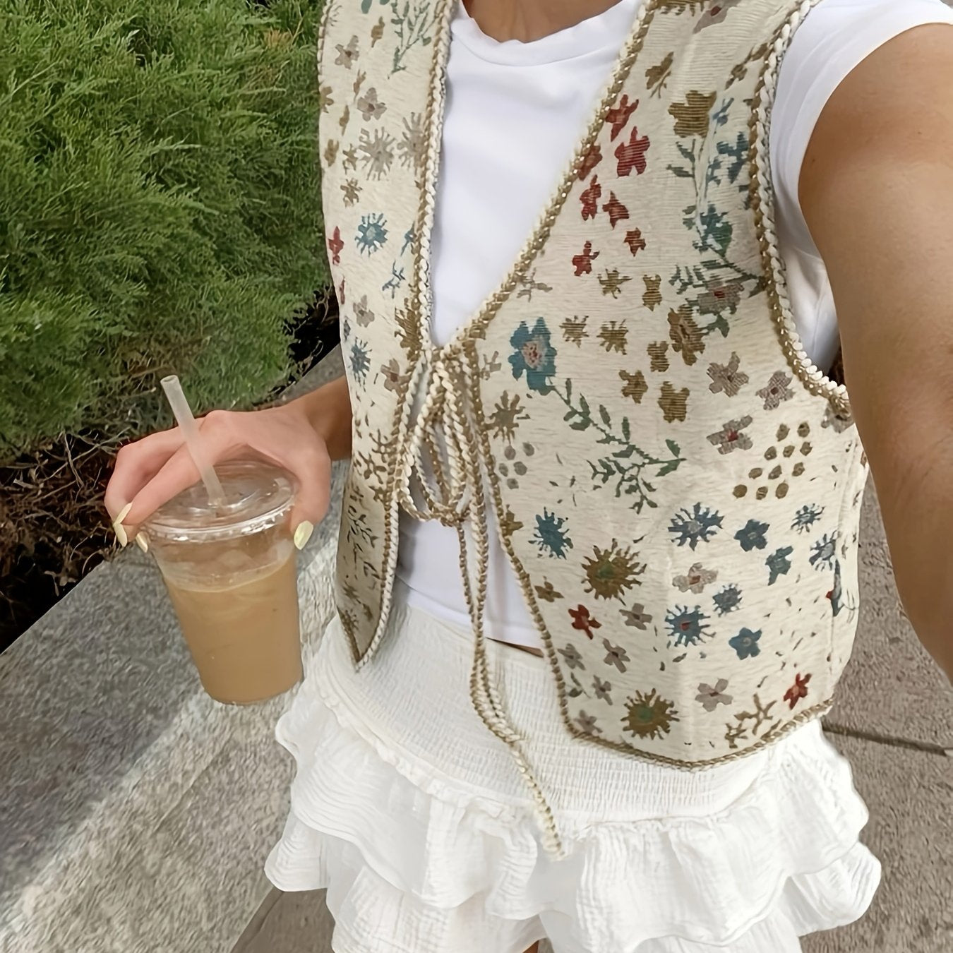 Women's Waterproof Embroidered Plant Pattern Polyester Vest with V-Neck Sleeveless for Spring Fall