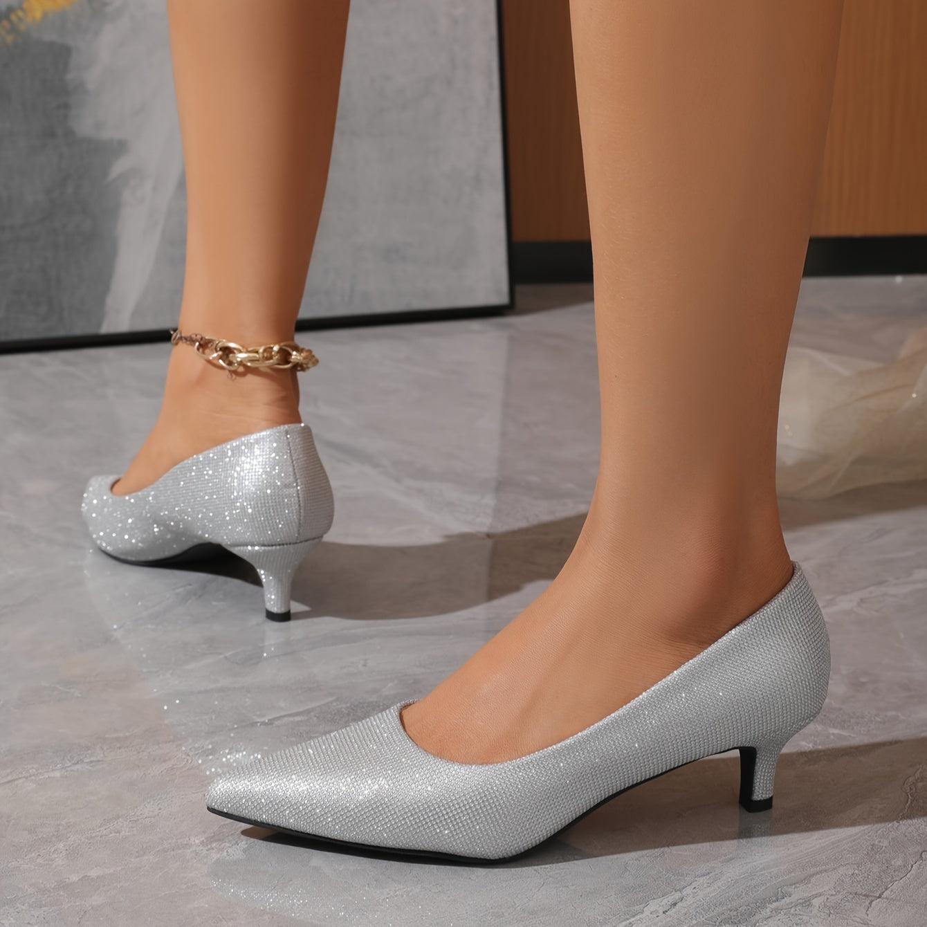 Women's Silver Mid-Heel Pumps with Pointed Toes for Parties and Weddings