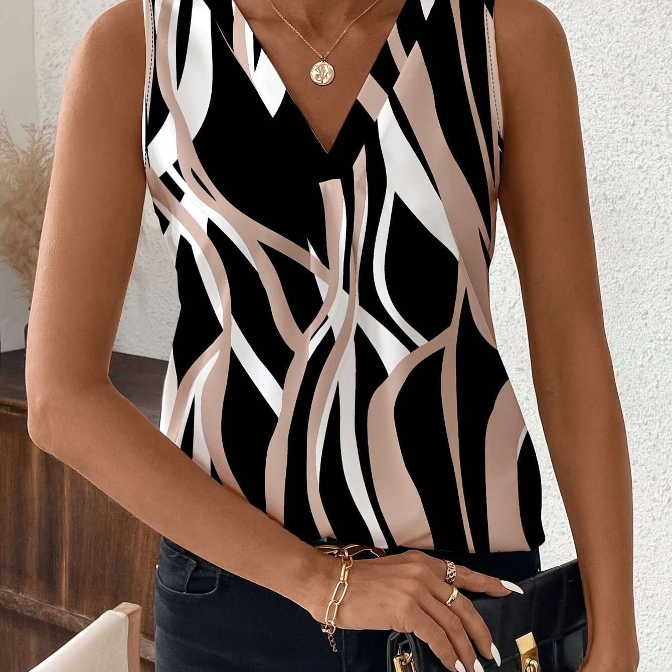 Women's V-Neck Sleeveless Blouse Lightweight Polyester Black Beige Abstract Print