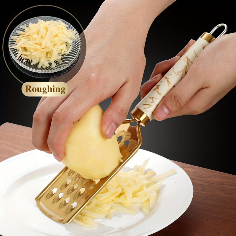 Stainless Steel Kitchen Grater for Shredding Food with Safe Handle and Gold Finish