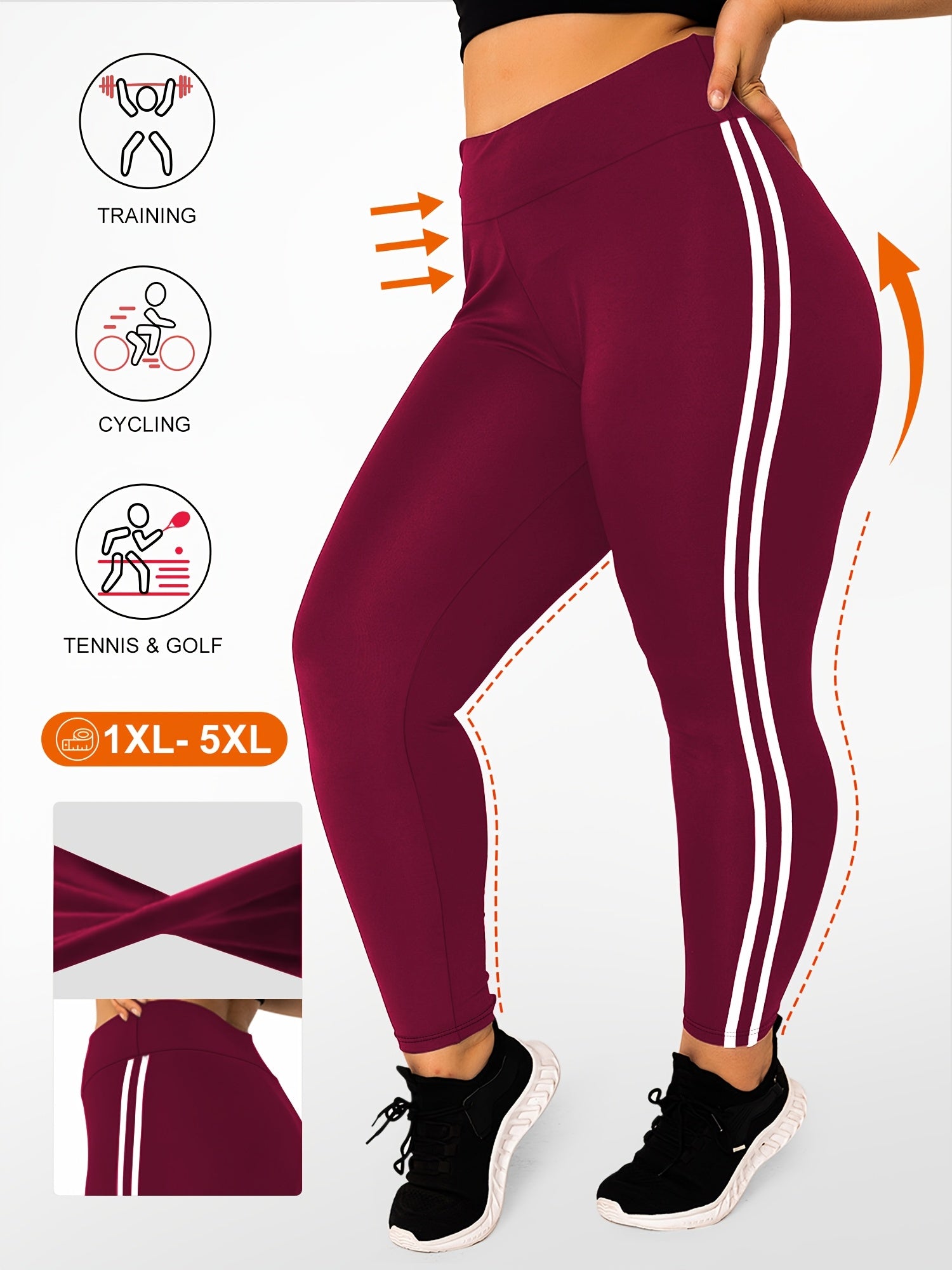 Plus Size High-Waisted Leggings 3-Pack with Side Stripes 4-Way Stretch