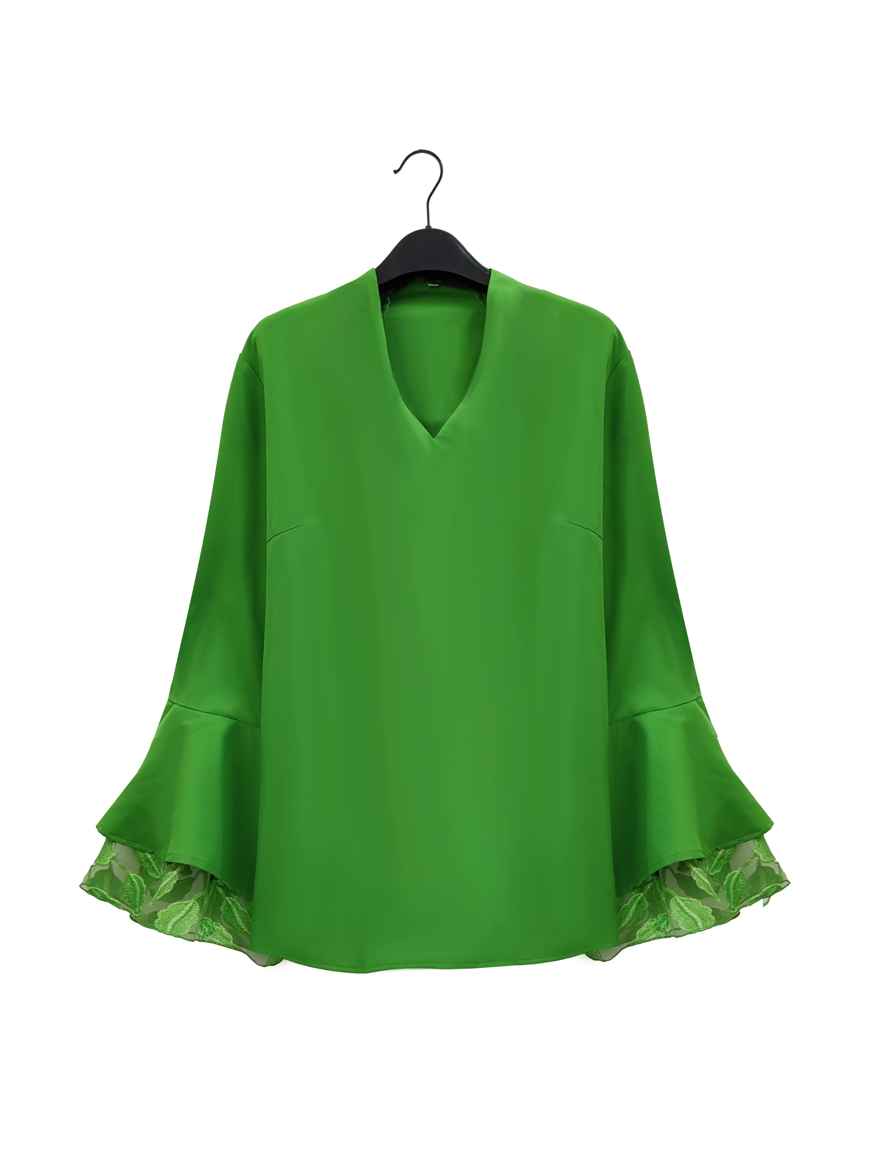 Plus Size Women's Flare Sleeve Long Shirt Contrast Lace Commuter Top