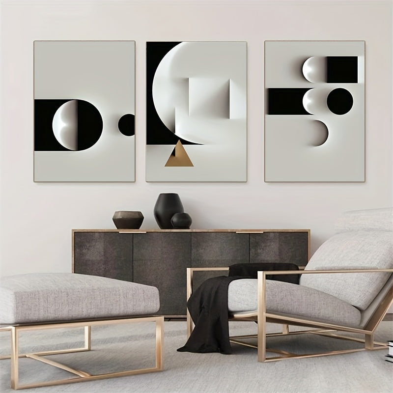 Set of 3 Black and White Geometric Canvas Wall Art Modern Nordic Style for Living Room