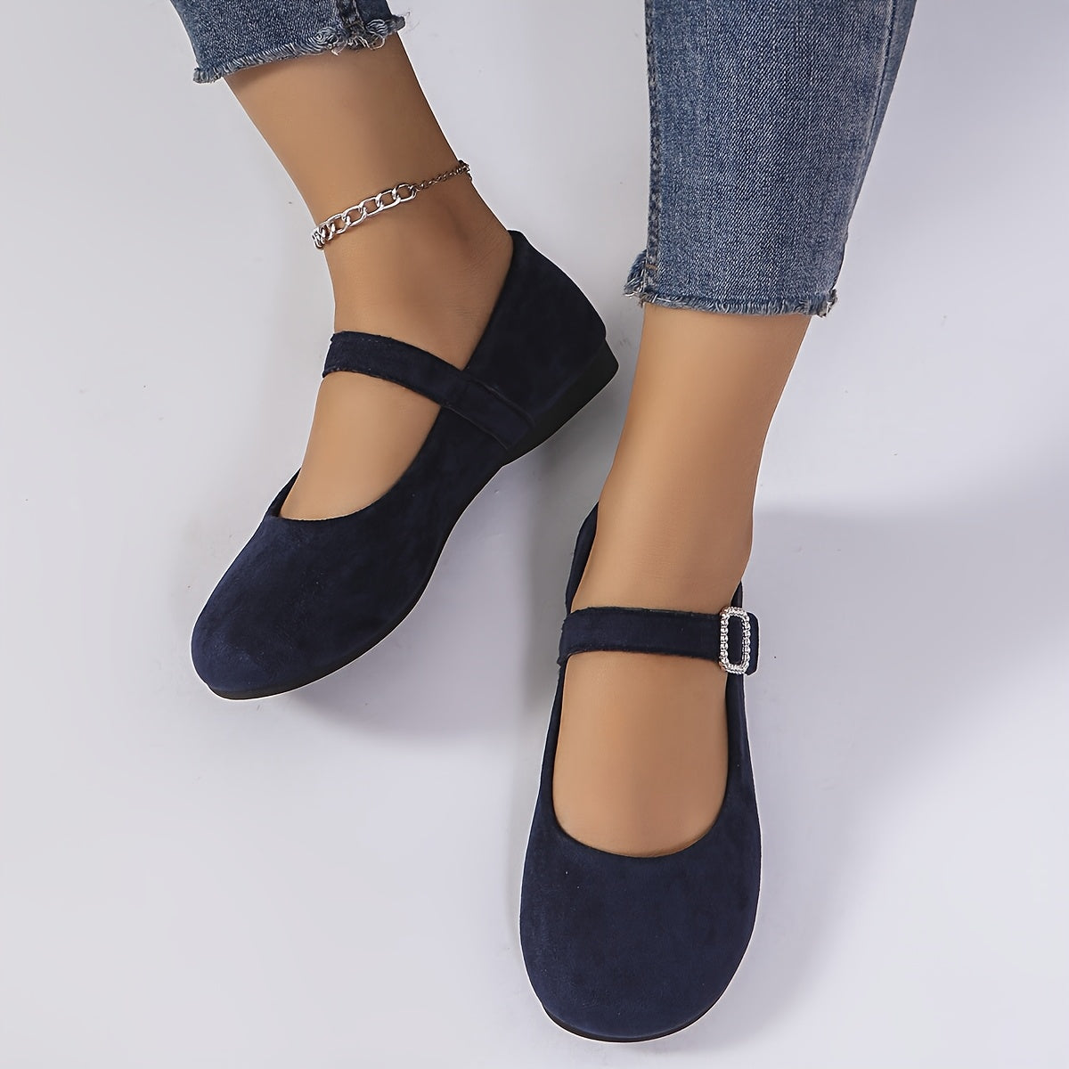 Ayollar Mary Jane tuflari, rhinestone tokchali, yashil, yengil fleece, qulay