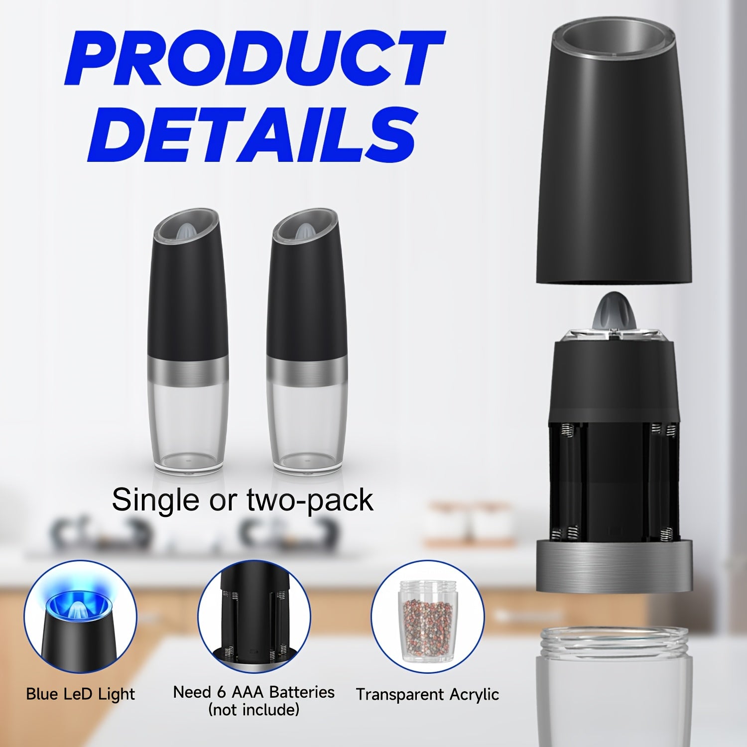 Electric Pepper and Salt Grinder Set with Adjustable Coarseness Battery Operated Stainless Steel with LED Light
