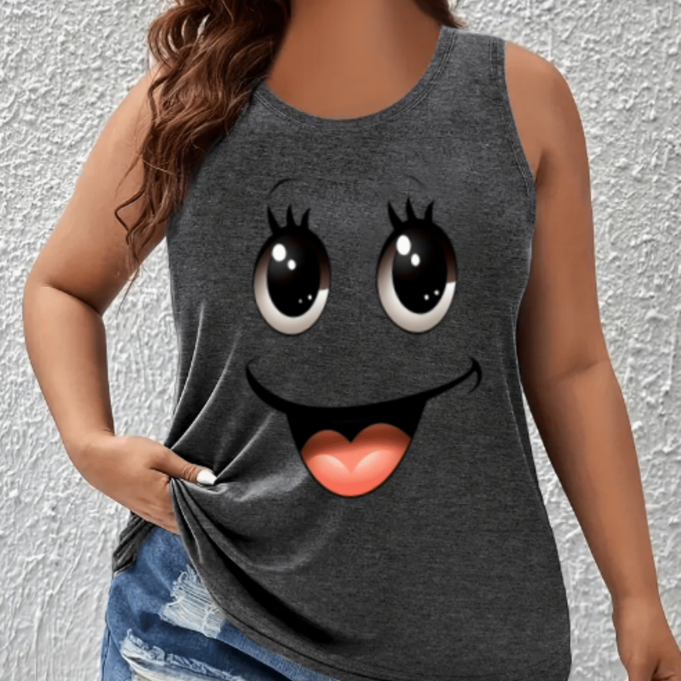 Plus Size Women Cotton Tank Top Cartoon Face Print Sleeveless Casual Summer Clothing