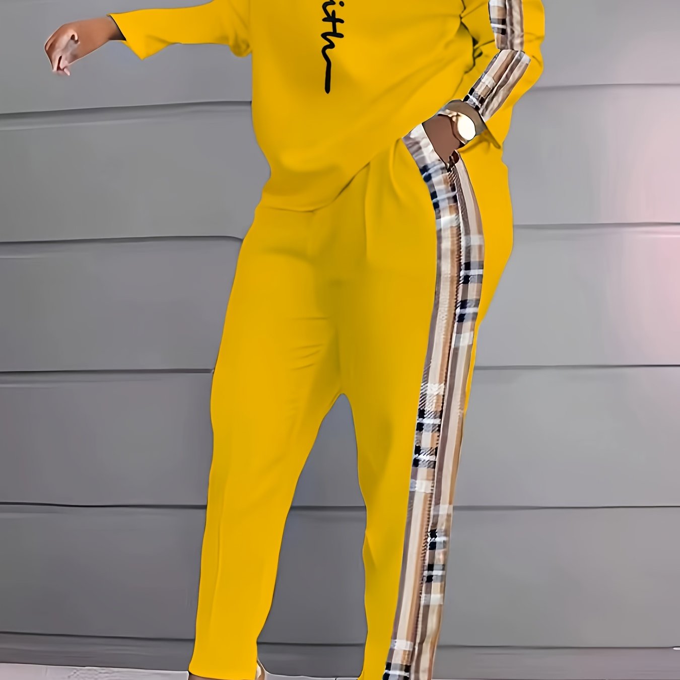 Women's Plaid Print Spandex Knit Jumpsuit with Crew Neck Pockets for Fall Winter