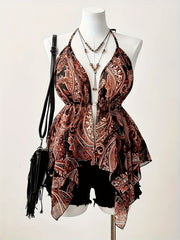 Plus Size Women's Beaded Spaghetti Strapless Top V-Neck Geometric Pattern