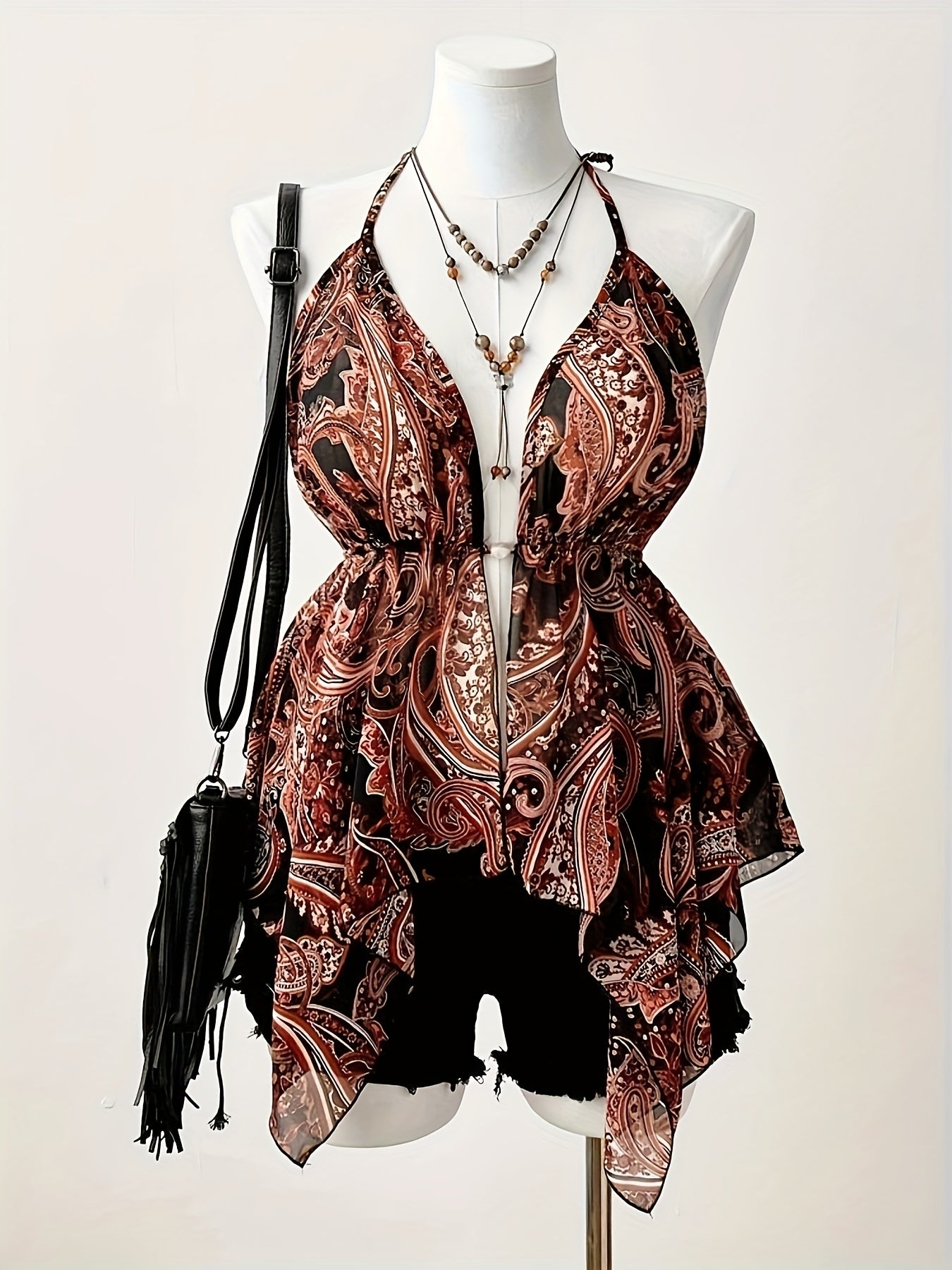 Plus Size Women's Beaded Spaghetti Strapless Top V-Neck Geometric Pattern