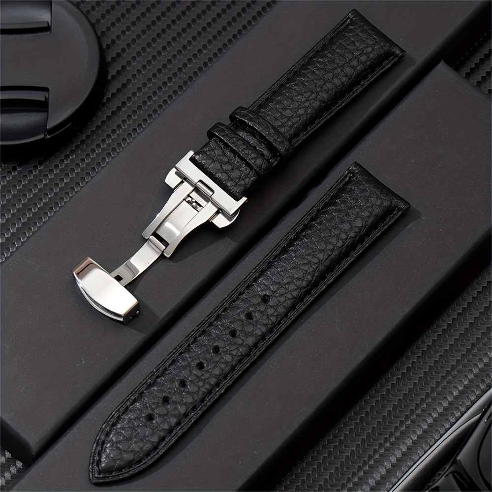 Synthetic Leather Watch Strap with Butterfly Clasp White Adjustable for Men Women