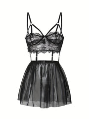 Women's Sheer Lace Dress and Mesh Bodycon Babydoll Lingerie