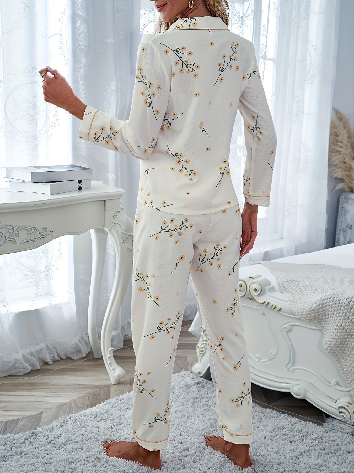 Women's Floral Print Pajama Set Long Sleeve Button Top Elastic Waist Pants Sleepwear Loungewear