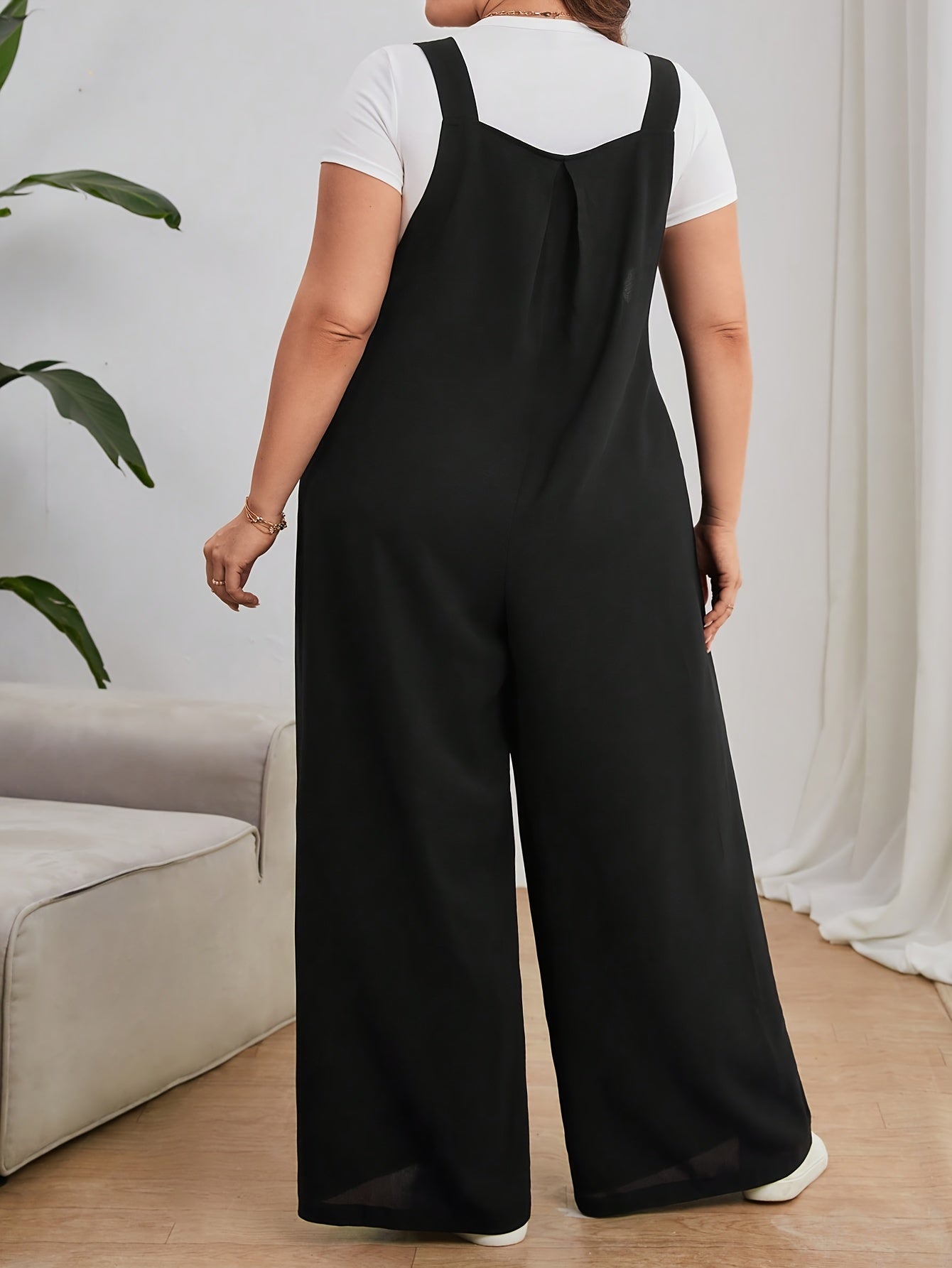 Plus Size Wide Leg Jumpsuit Polyester Sleeveless Pockets Casual All Seasons