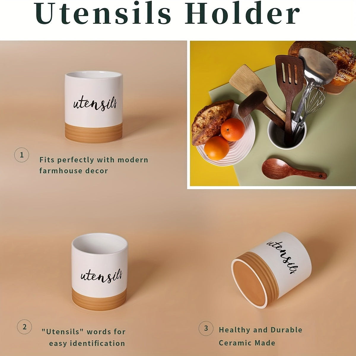 Ceramic Utensil Holder for Kitchen Countertop, 10.41cm, Food Storage Organizer