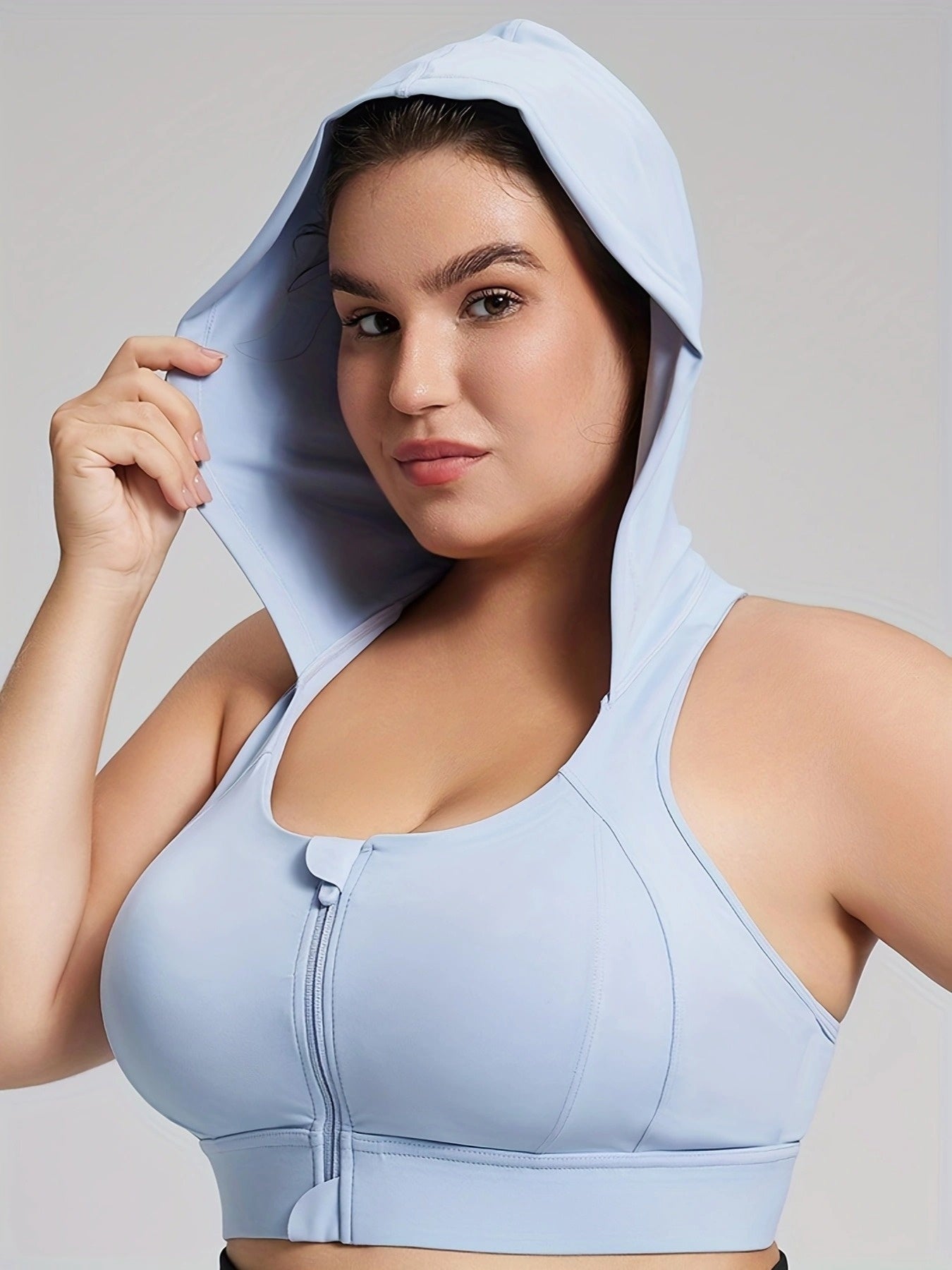 Plus Size Workout Zipper Front Bra with Hood and Chest Pads Activewear