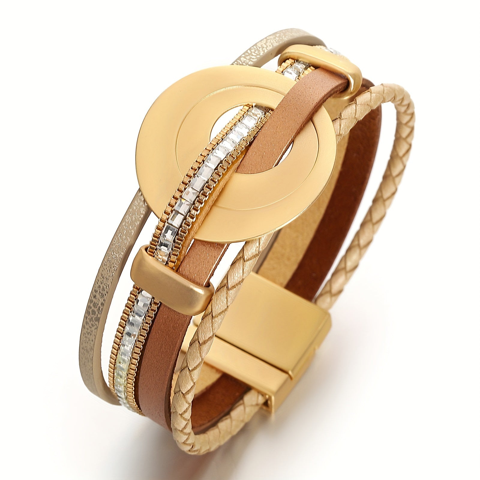 Браслет из искусственной кожи с квадратными кристаллическими бусинами и металлическим круглым кулоном - стильное украшение для рук и подарок для дам, с четырьмя слоями плетеного дизайна.