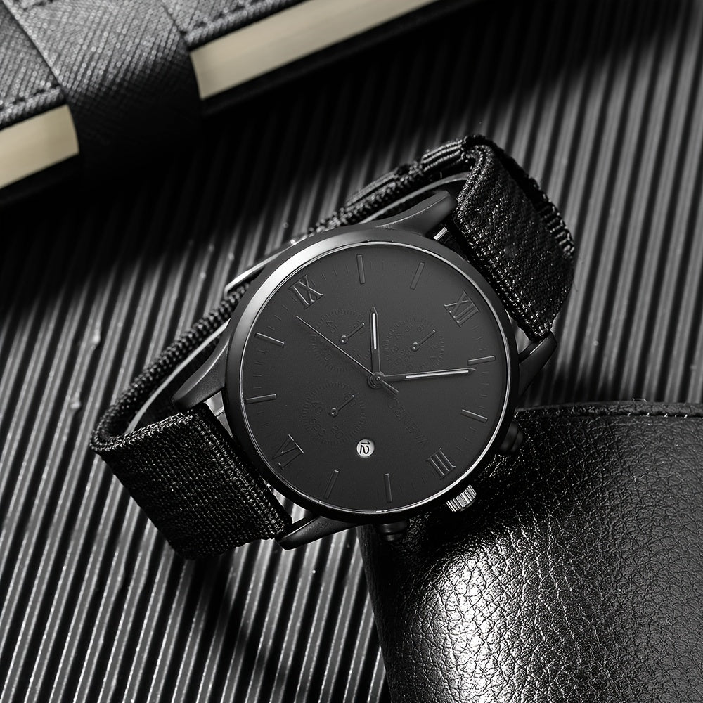 Men's Watch Set Black Nylon Strap Casual Industrial Style Round Dial Quartz Watch with 3 Bracelets