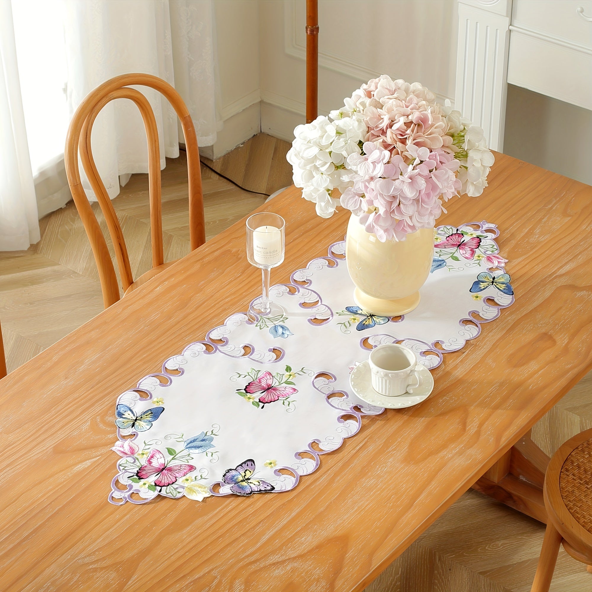 Polyester Table Runner with Butterfly and Flower Embroidery for Home Party Decor