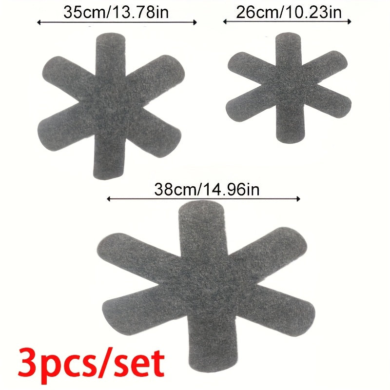 Набор из 3-х серых многослойных фетровых защитителей для кастрюль и сковородок - Сохраняйте свою посуду без царапин и организованной с помощью этих антипригарных разделителей для эффективного хранения на кухне.