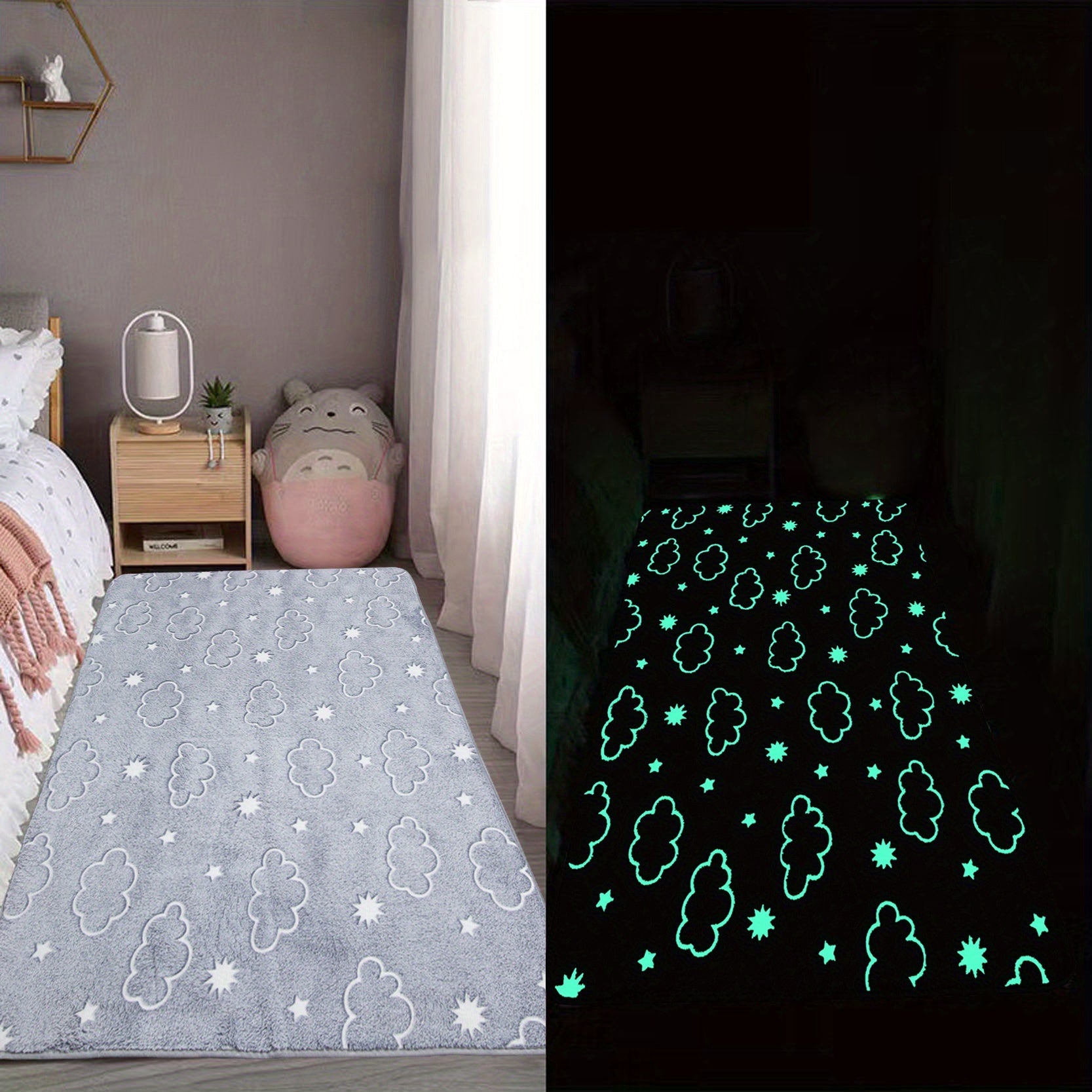 Alfombra de área de felpa luminosa y esponjosa con luna que brilla en la oscuridad y tapete de espuma viscoelástica para la cama