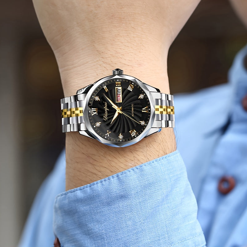 Men's Automatic Mechanical Watch Luminous Hands Gold Stainless Steel Waterproof Date Display