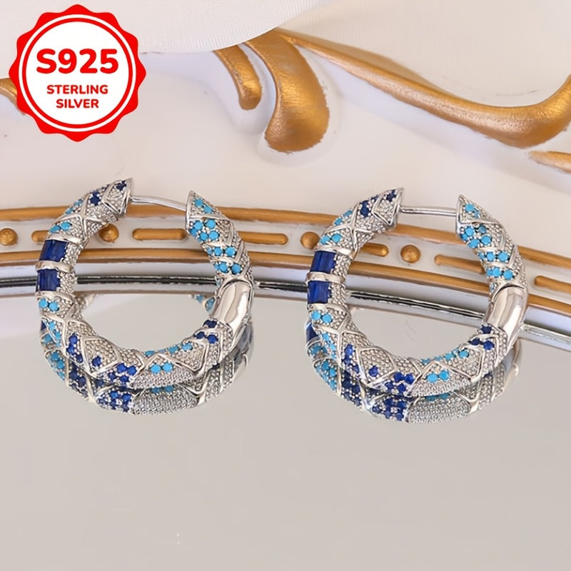 Sterling Silver Tribal Style Hoop Earrings with Blue Cubic Zirconia for Women