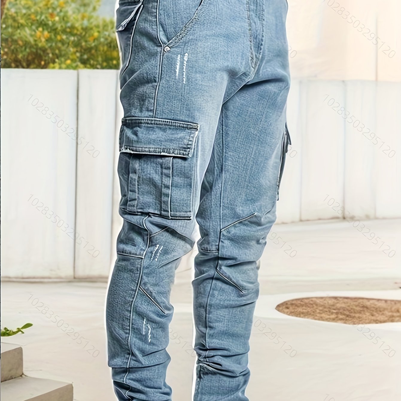 Erkaklar uchun elastik denimdan tayyorlangan, ko'p cho'ntakli dizayni bilan slim fit kargo jinsilari, ko'cha uslubi va barcha mavsumlar uchun ideal.