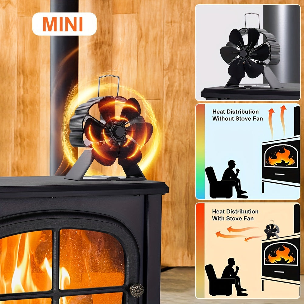 Silent 6-Blade Fireplace Fan for Wood Stove Heat Distribution Black
