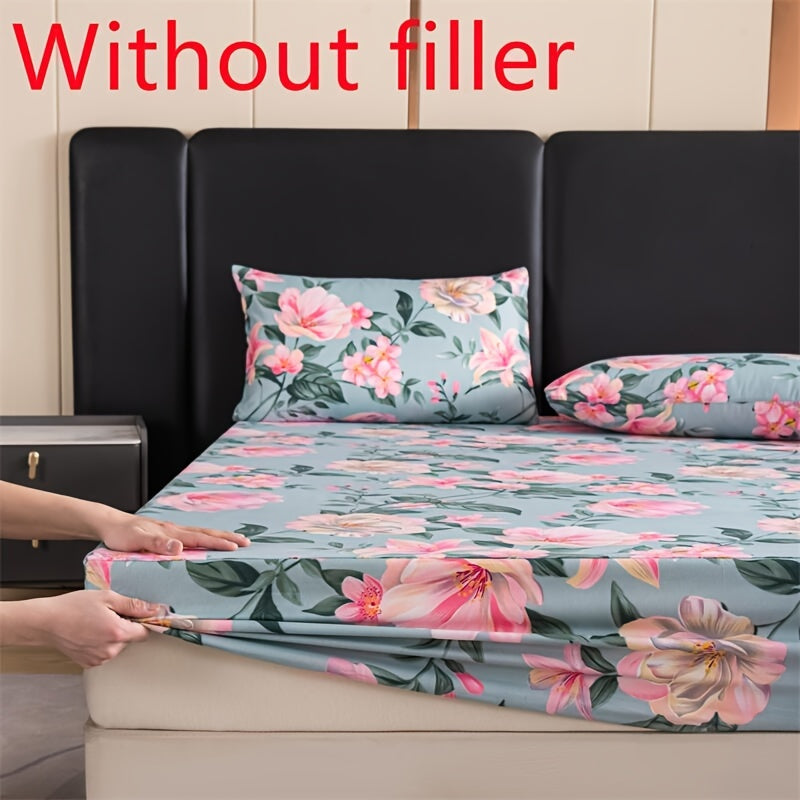 Printed Polyester Fitted Sheet Set with 2 Pillowcases Floral Pattern Bed Covering