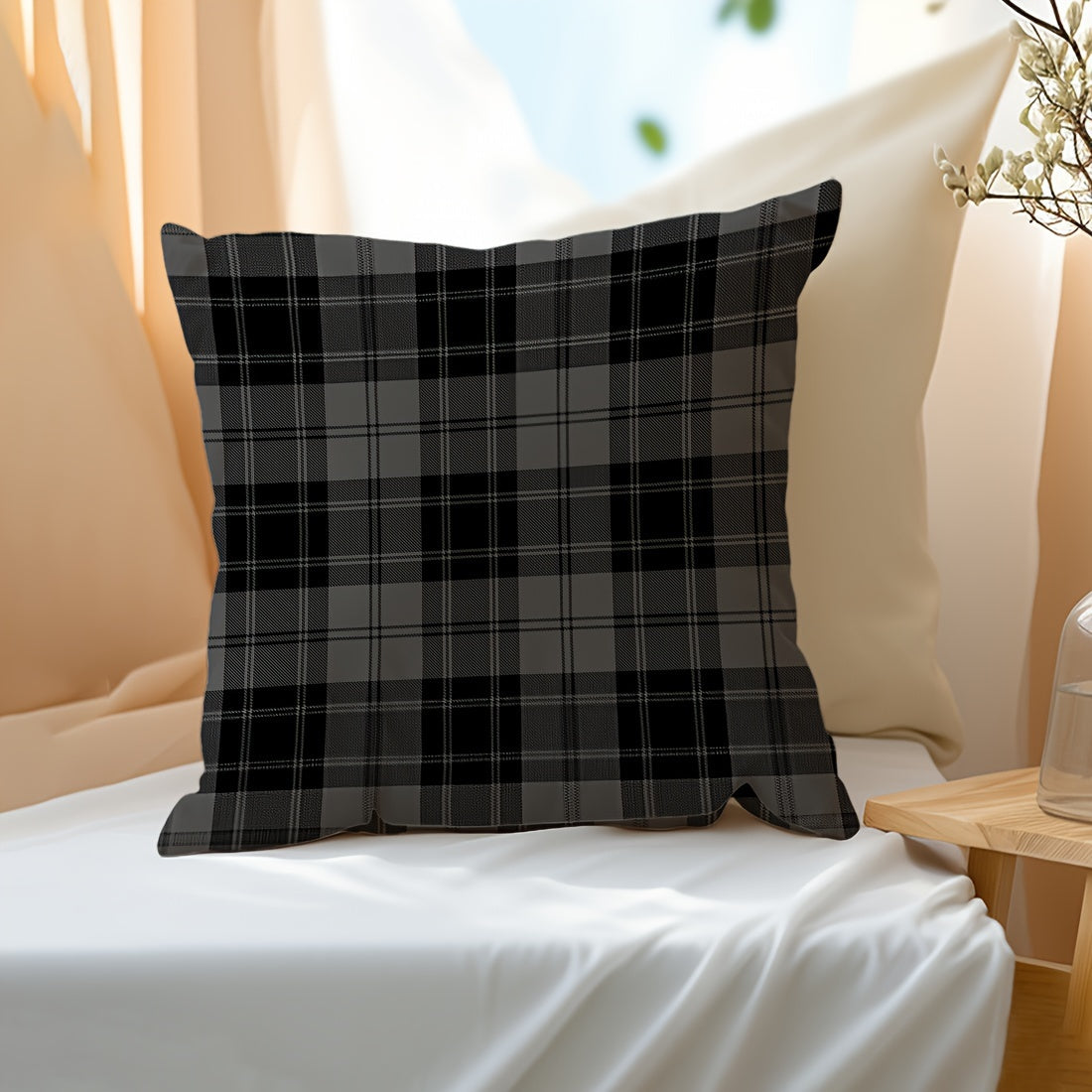 Grey and Black Plaid Velvet Throw Pillow Cover 45.72cm Zipper Machine Washable