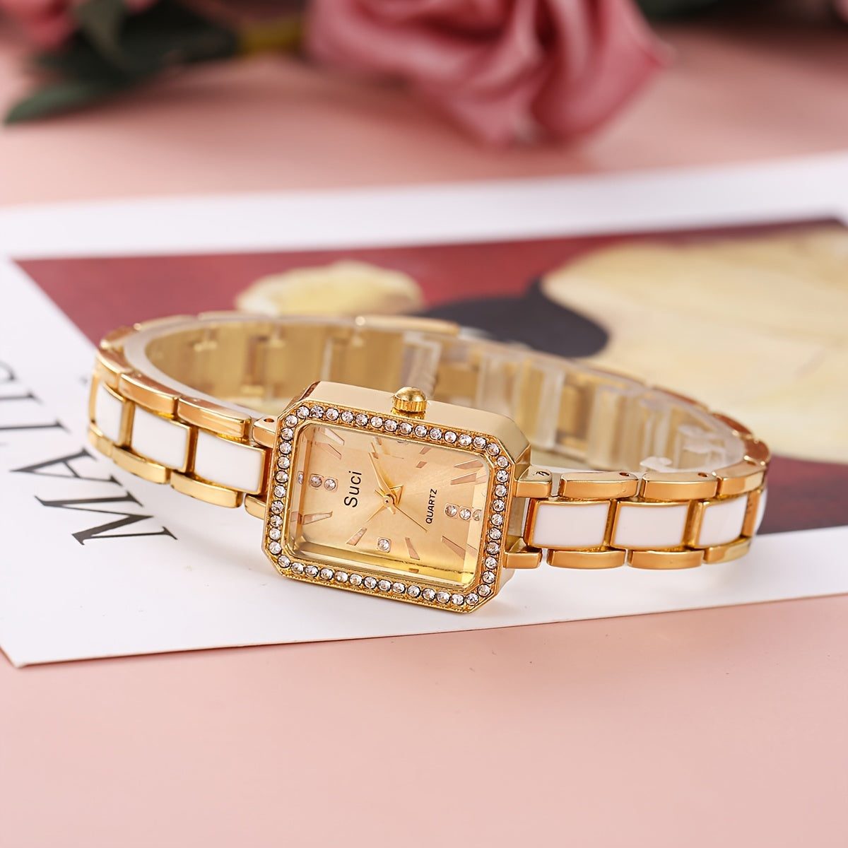Women's Square Crystal Watch Minimalist Quartz Zinc Alloy Strap Ramadan Gift