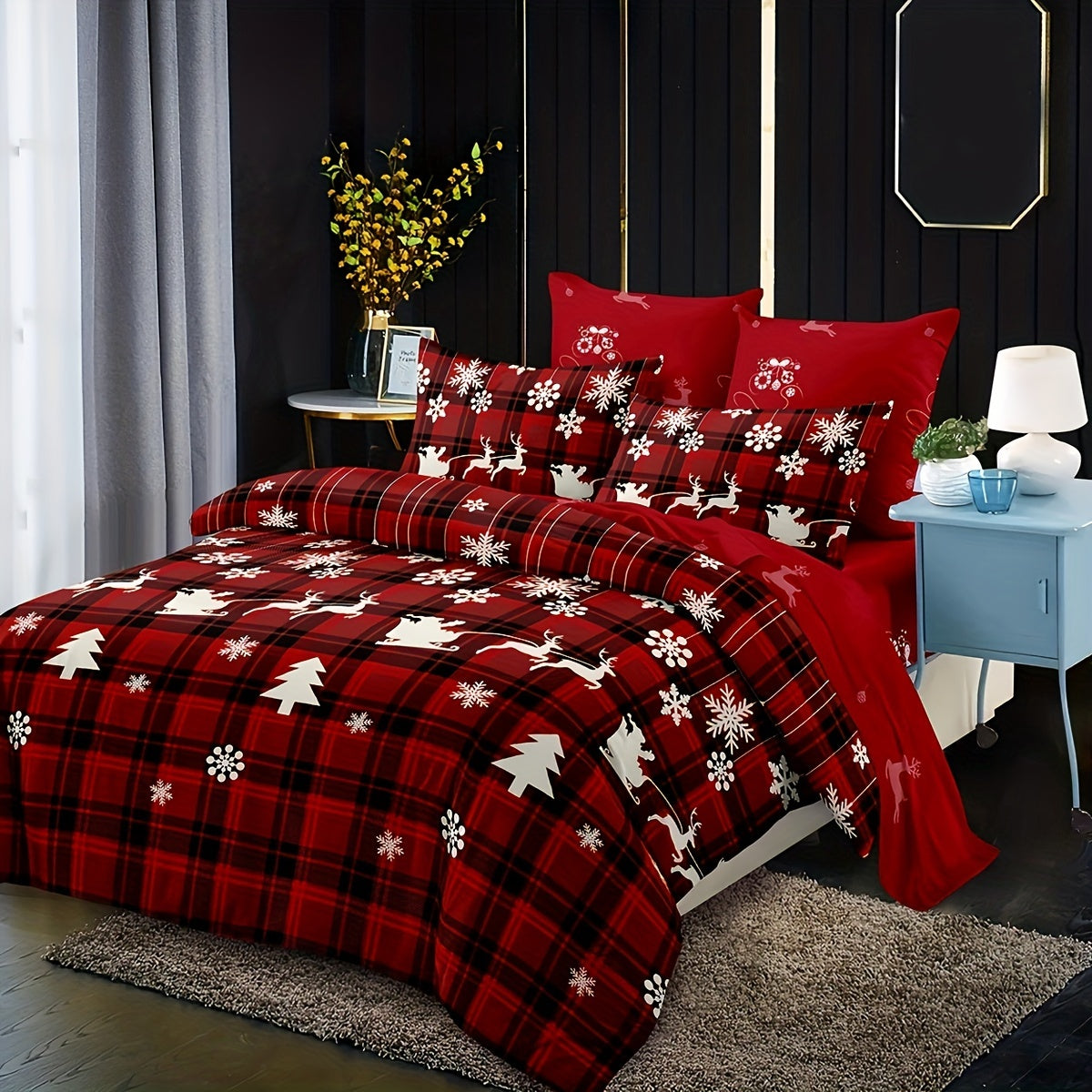 Christmas Duvet Cover Set 3 Pieces Checkered Xmas Tree Elk Snowflake Bedding