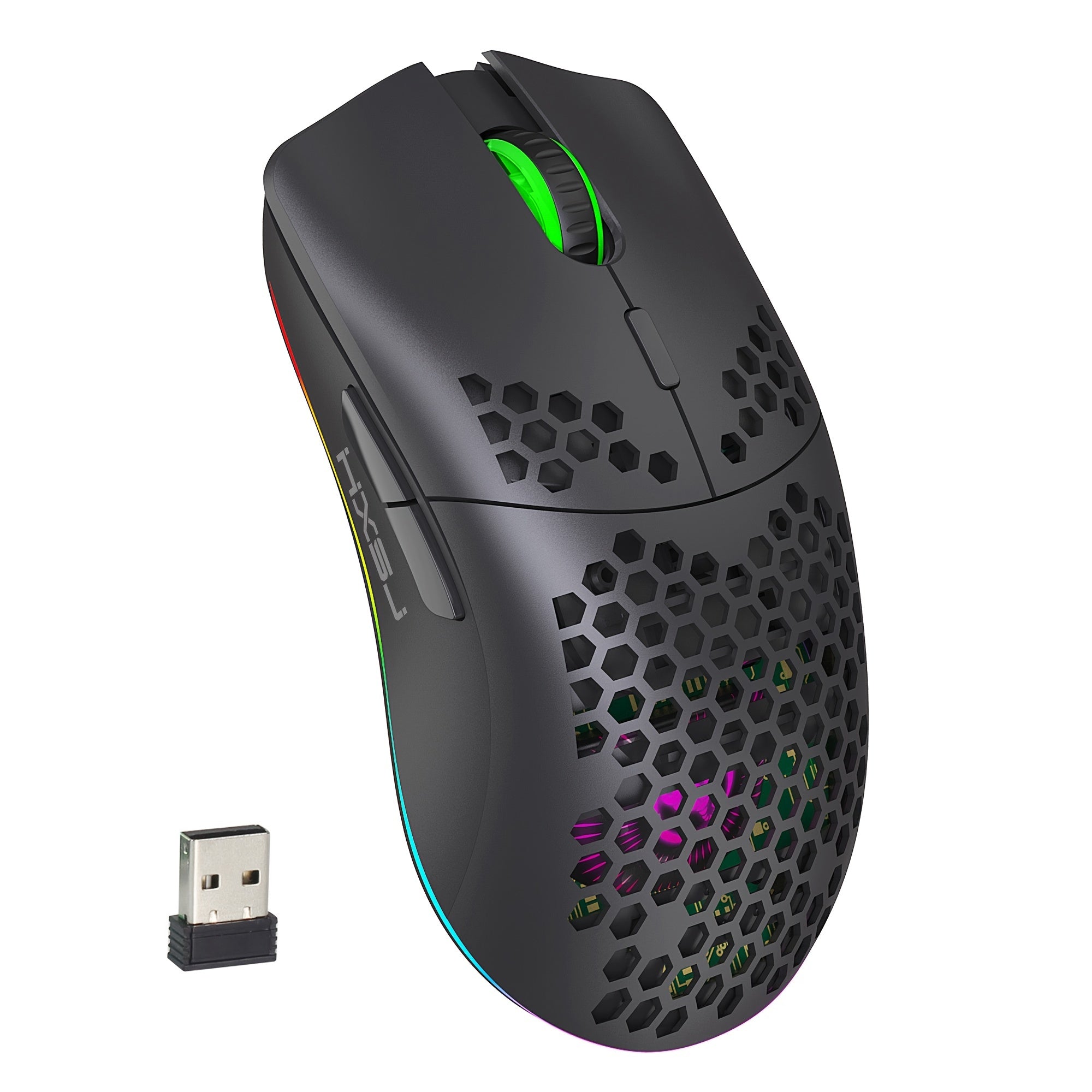 Wireless Gaming Mouse RGB Lighting Rechargeable Honeycomb Design USB Plug and Play Right-Handed White