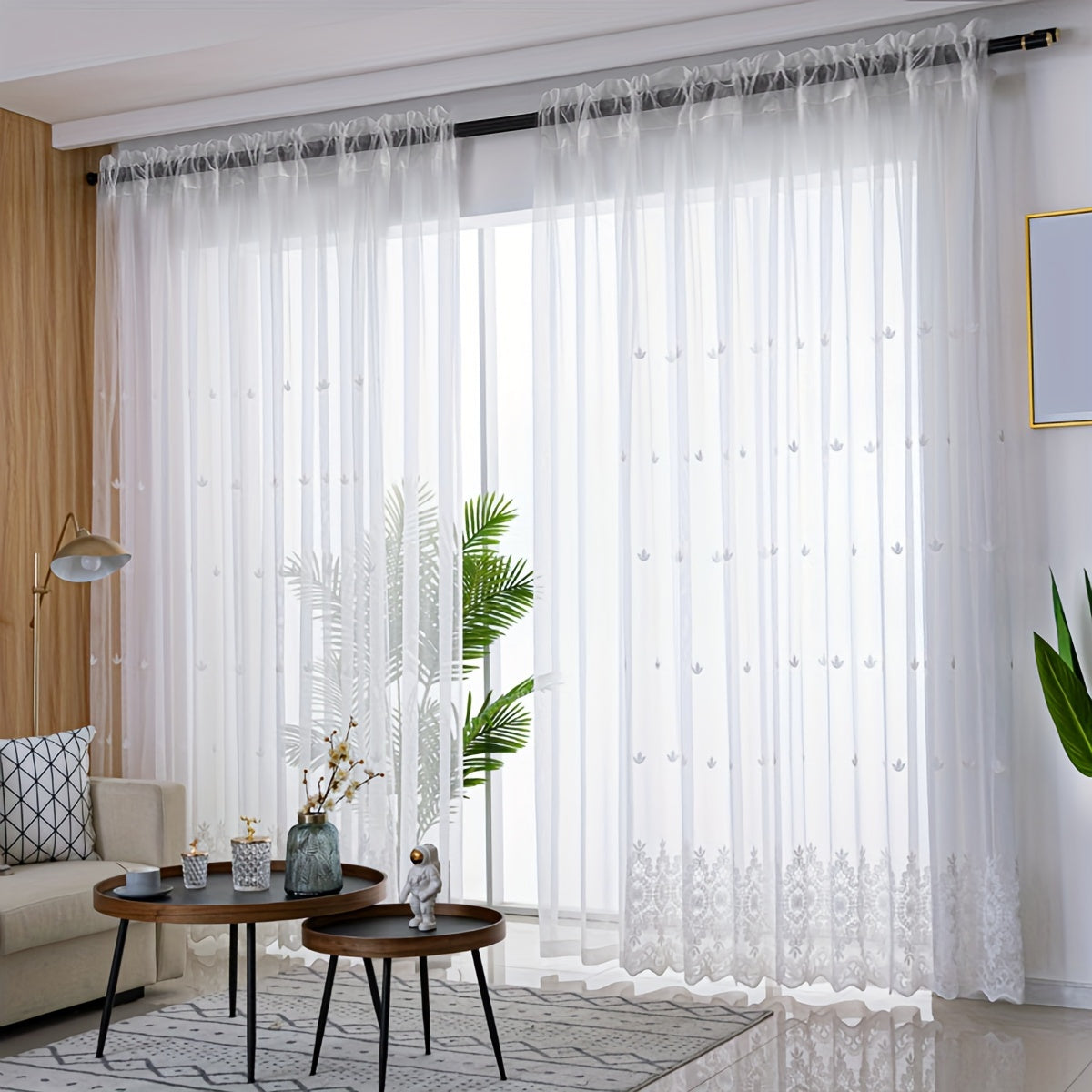 Set of 2 White Flower Embroidery Yarn Curtains for Living Room Bedroom Balcony
