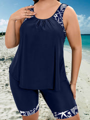 Большой размер темно-синий танкини для женщин, полиэстер, этнический, без бретелек, купальник