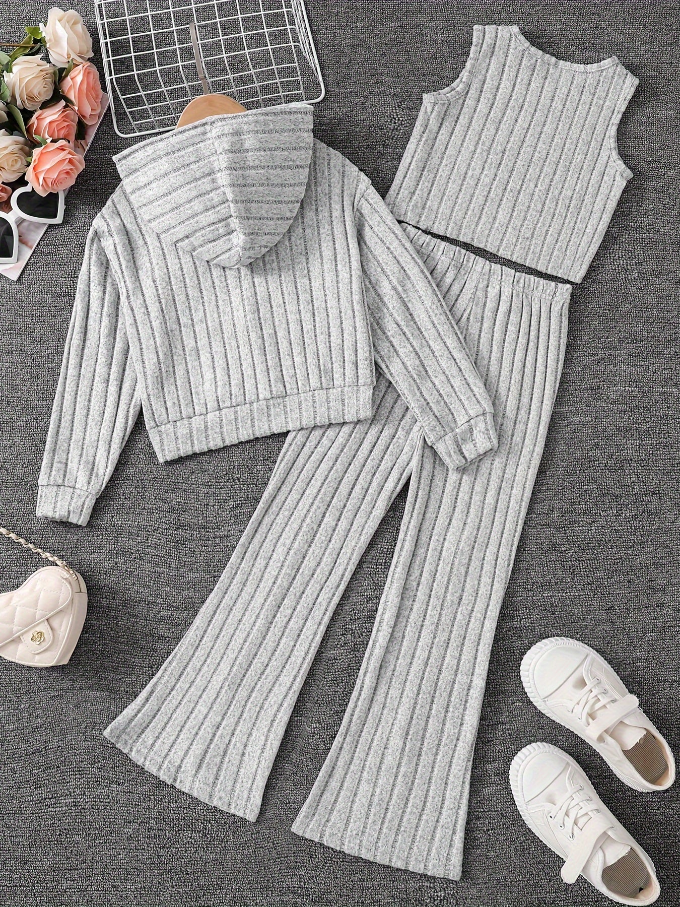 Girls' 3-Piece Outfit Set Long Sleeve Zip Hoodie Tank Top Pants Solid Rib Knit Fall Spring