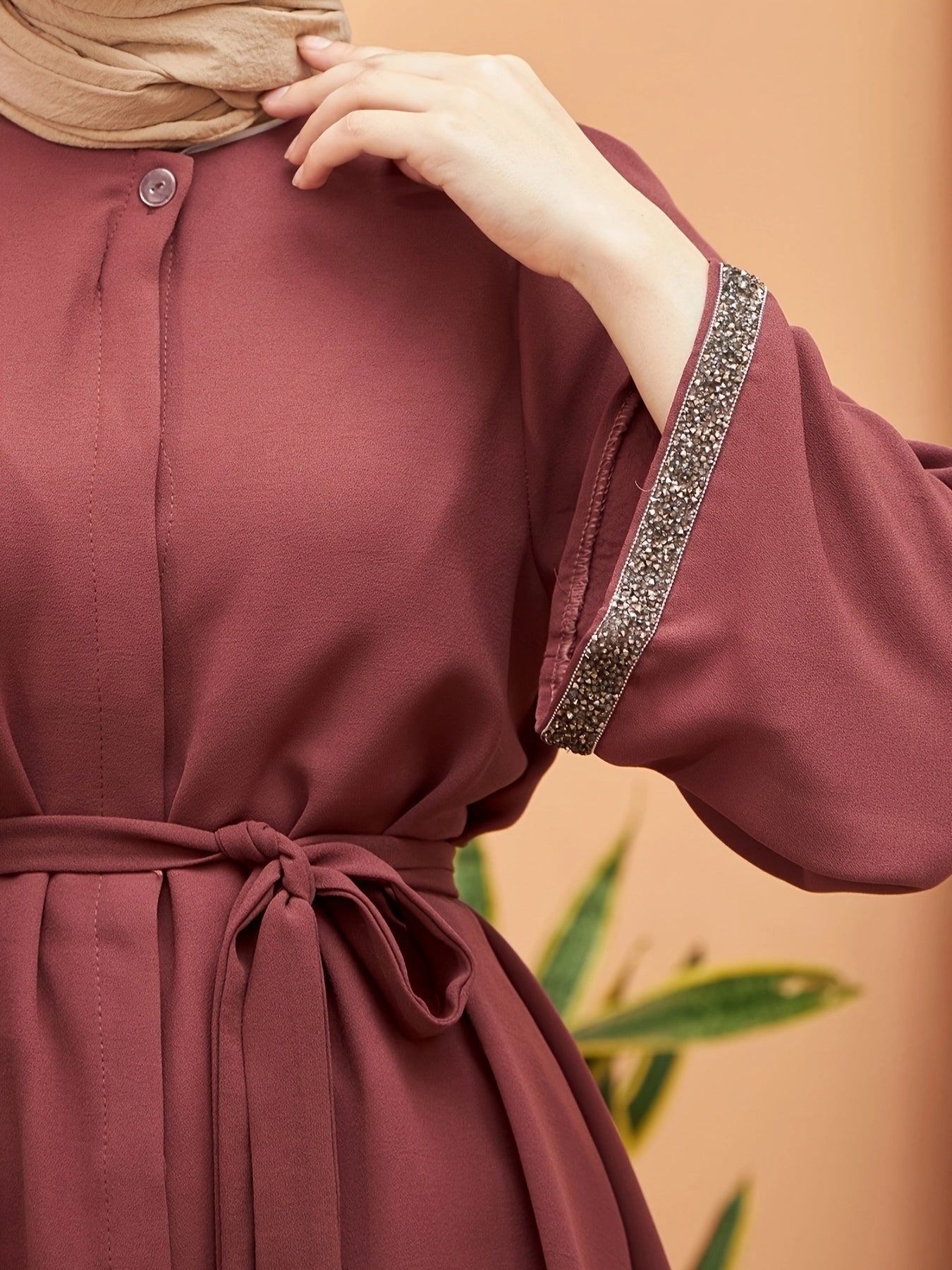 Women's Polyester Kaftan Dress with Contrast Trim and Belt